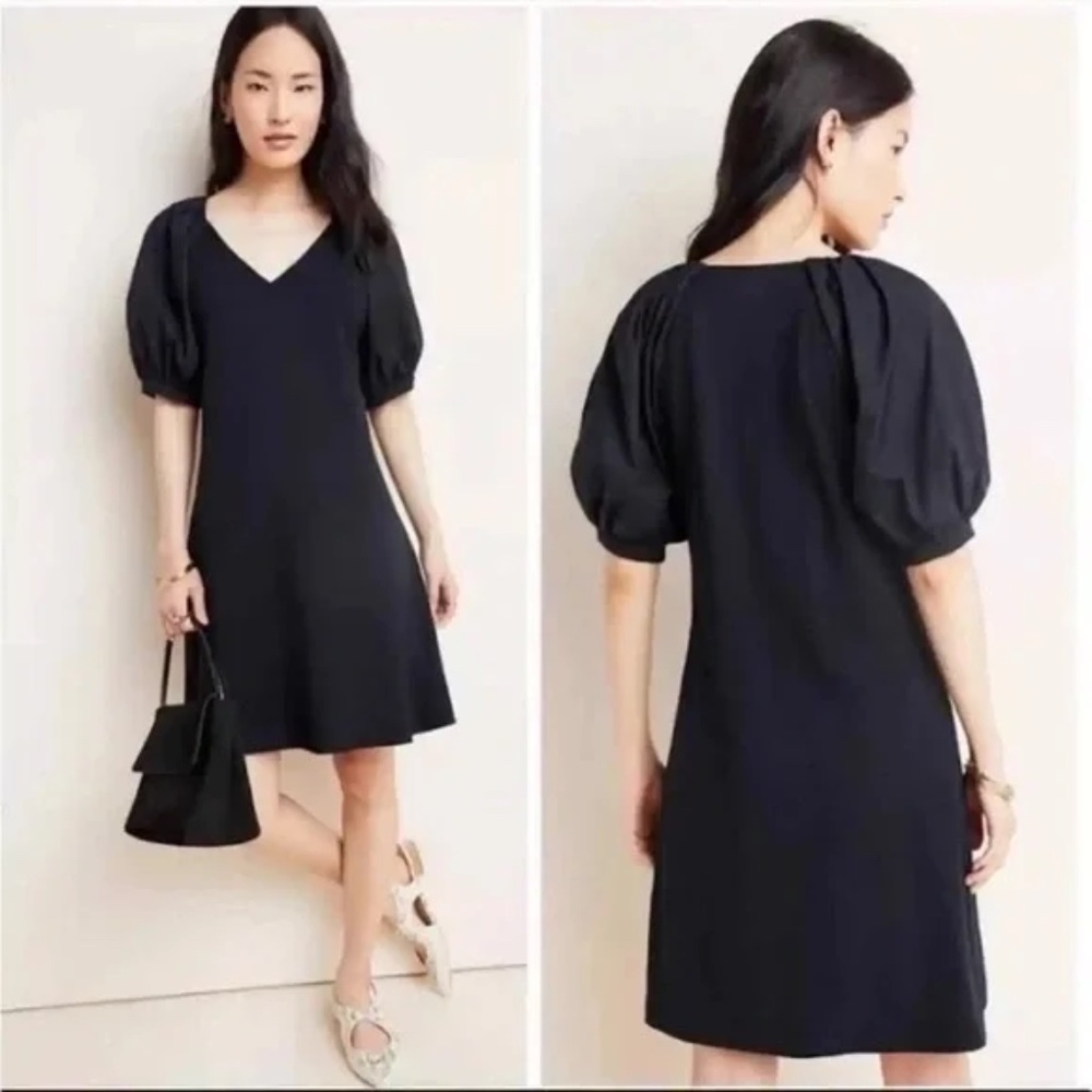Maeve Anthropologie Annika Black Knit Cotton Puff Sleeve V Neck Dress - size M